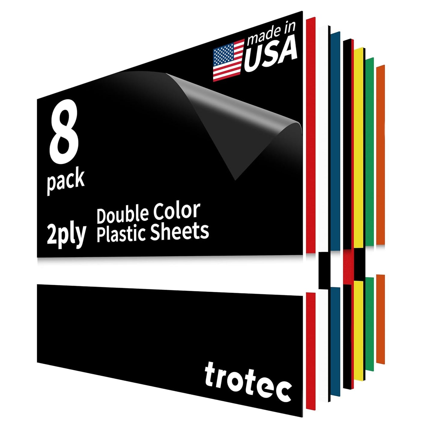 Trotec TroLase | 12"x12"x1/16", 8 Pcs | Multicolor | 2 Ply | Modified Acrylic | Laser Engraving Double Color Plastic Sheet | Engraving Blanks for Laser, Saw, Guillotine | Made in USA