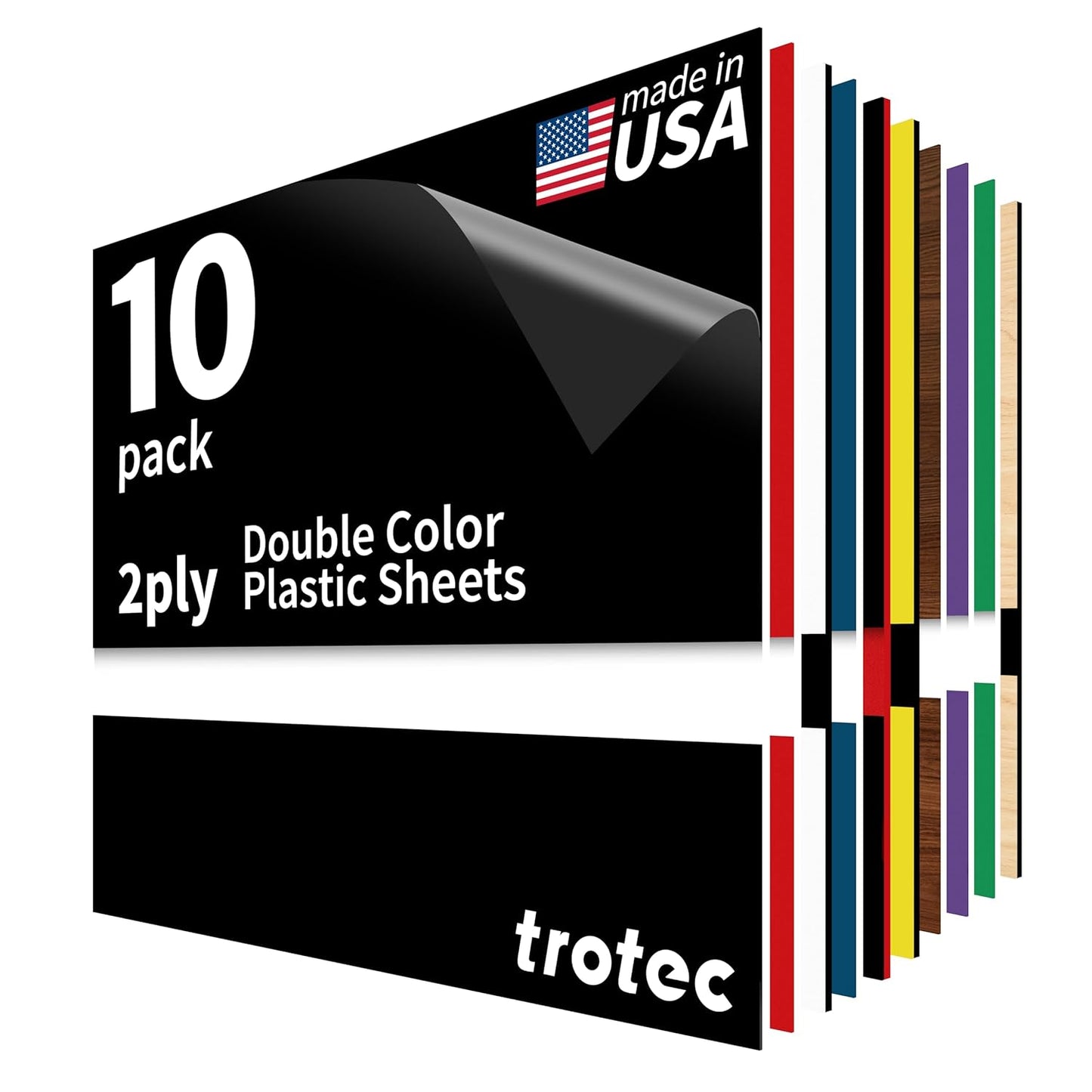 Trotec TroLase | 8"x12"x1/16", 10 Pcs | Multicolor | 2 Ply | Modified Acrylic | Laser Engraving Double Color Plastic Sheet | Engraving Blanks for Laser, Saw, Guillotine | Made in USA