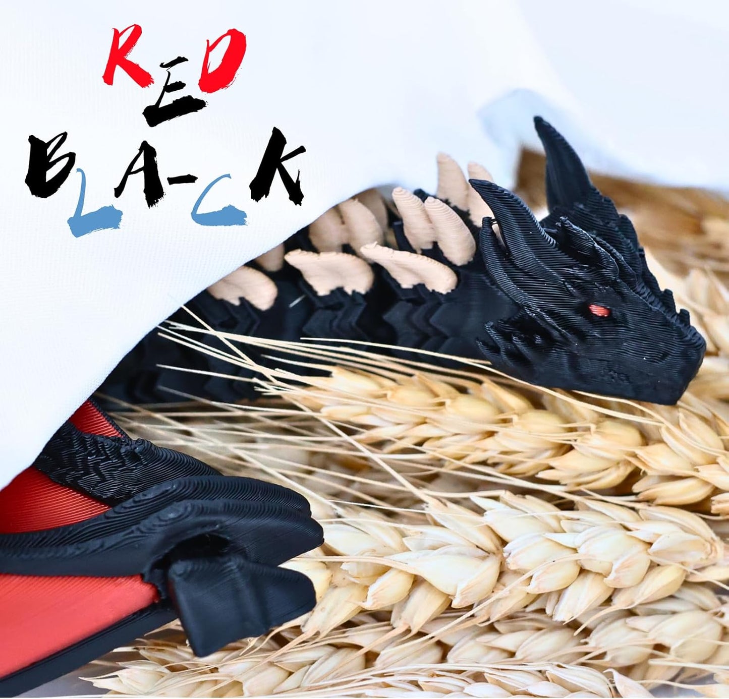 3D Printed Dragon - 12 inch Flying Flexible Dragon with Wings, Home Decor, Birthday Gift, Desk Pet(Red Black-Dragon)