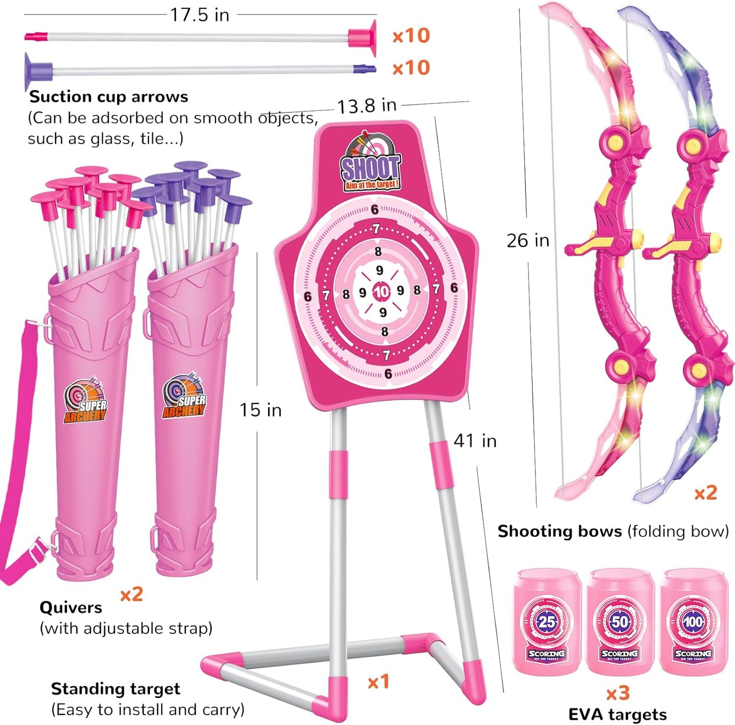 GMAOPHY 2 Pack Bow and Arrow Toy for 5 6 7 8 9 10 11 12 Year Old Boys, Birthday for Kids, Indoor Outdoor Sport Games Toys for Ages 4-8 8-12, LED Light Up Archery Set with 20 Toy Arrows (Pink)