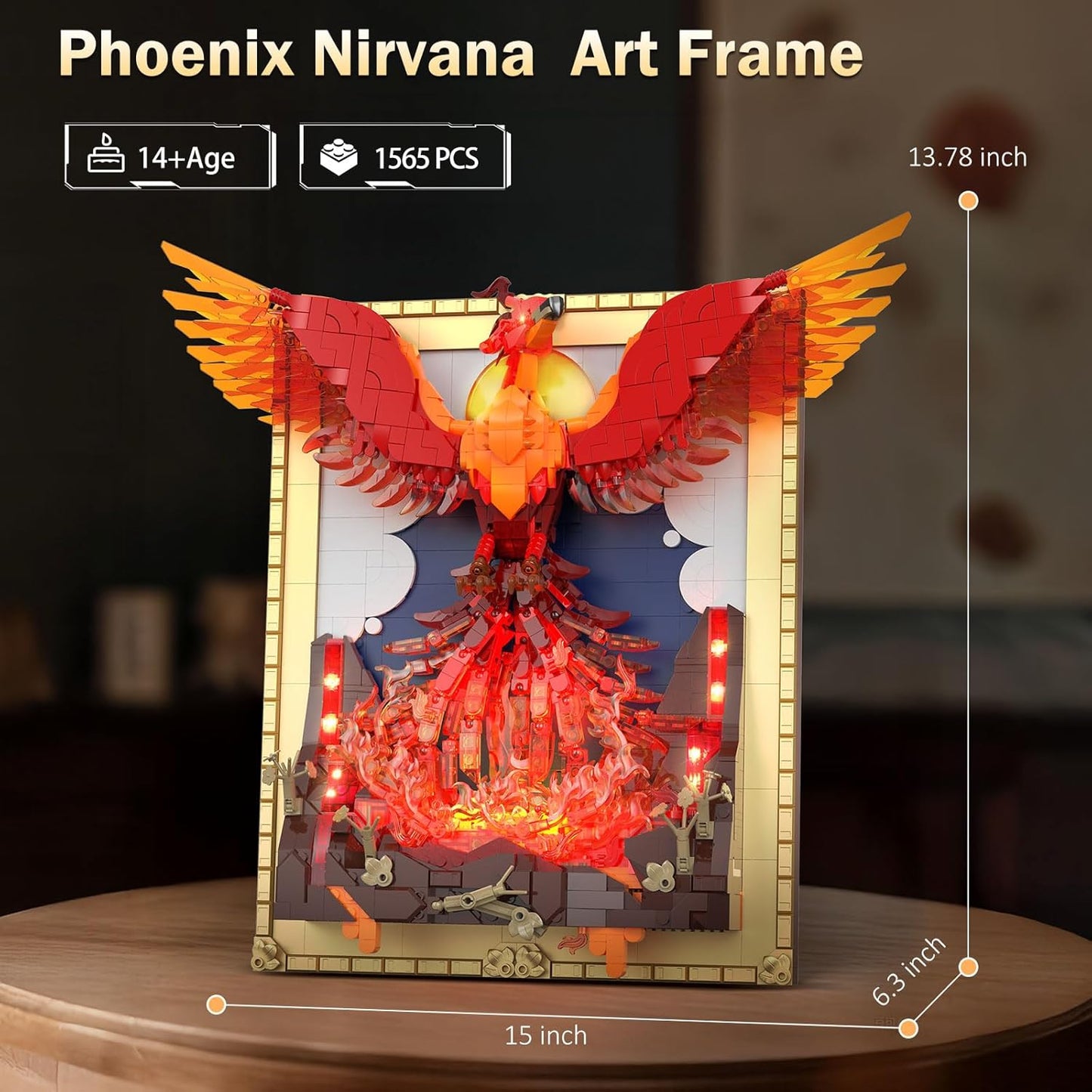 JMBricklayer Phoenix Nirvana Building Block Sets for Adults with LED Lights, Wall Art Crafts Painting Frame Building Set Magic Fire Phoenix Collection Model Bird Toy Gift Room Home Office Decor