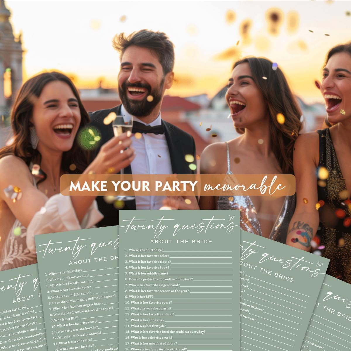 Bridal Shower Games Cards - Twenty Questions About The Bride for 25 Guests, Engagement Party Wedding Game, Minimalist Green Party Supplies - C05