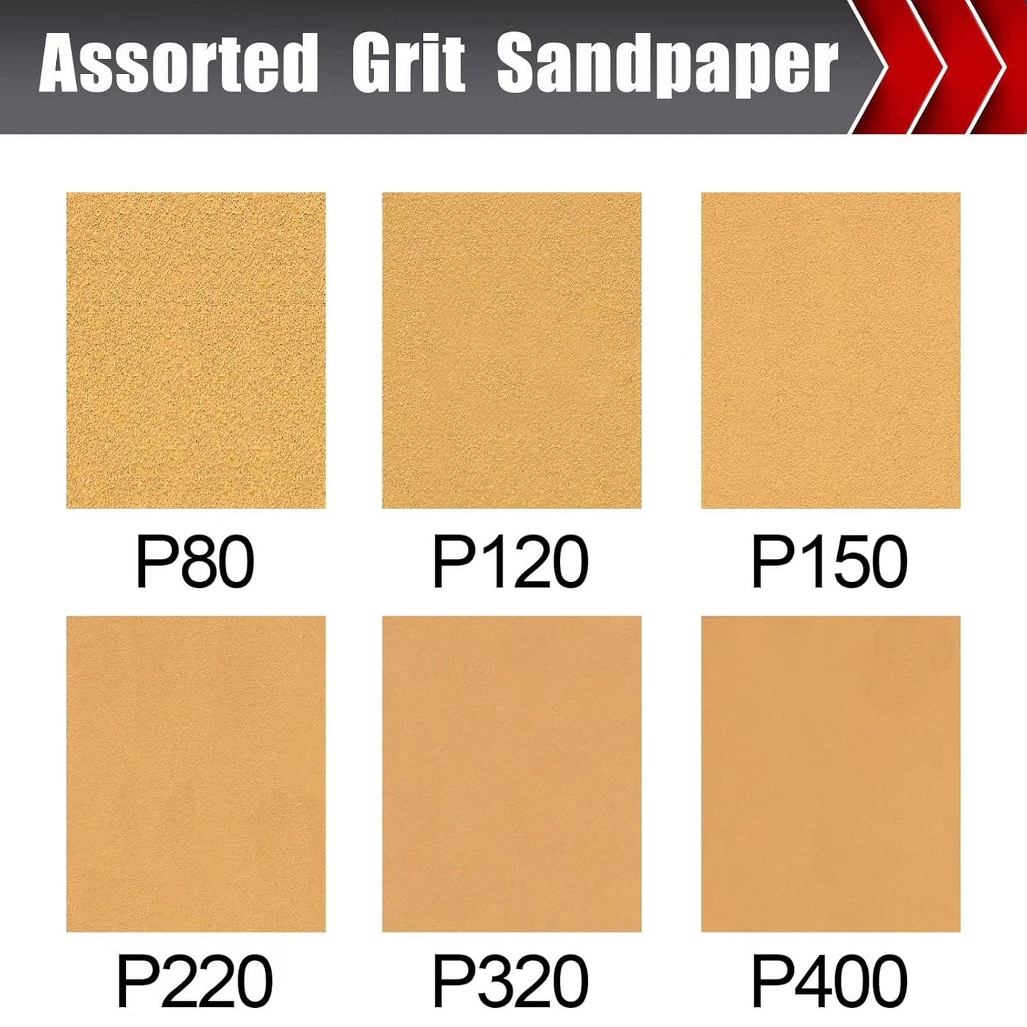 50 Pcs 1/4 Sheet Sandpaper, Premium Sand Paper 80/120/150/220/320/400 Grit Sandpaper Sheet Sand Paper Assortment for Wood Metal Automotive Palm Sanders 5.5" x 4.5"