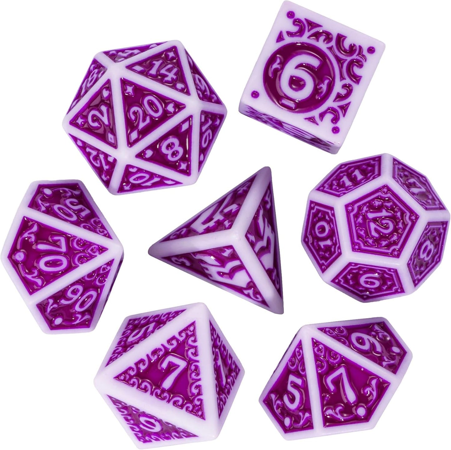 7-Die DND Dice Set New Pattern Polyhedral Dice Set with Leather Bag D&D Die for RPG Table Games(White Purple)