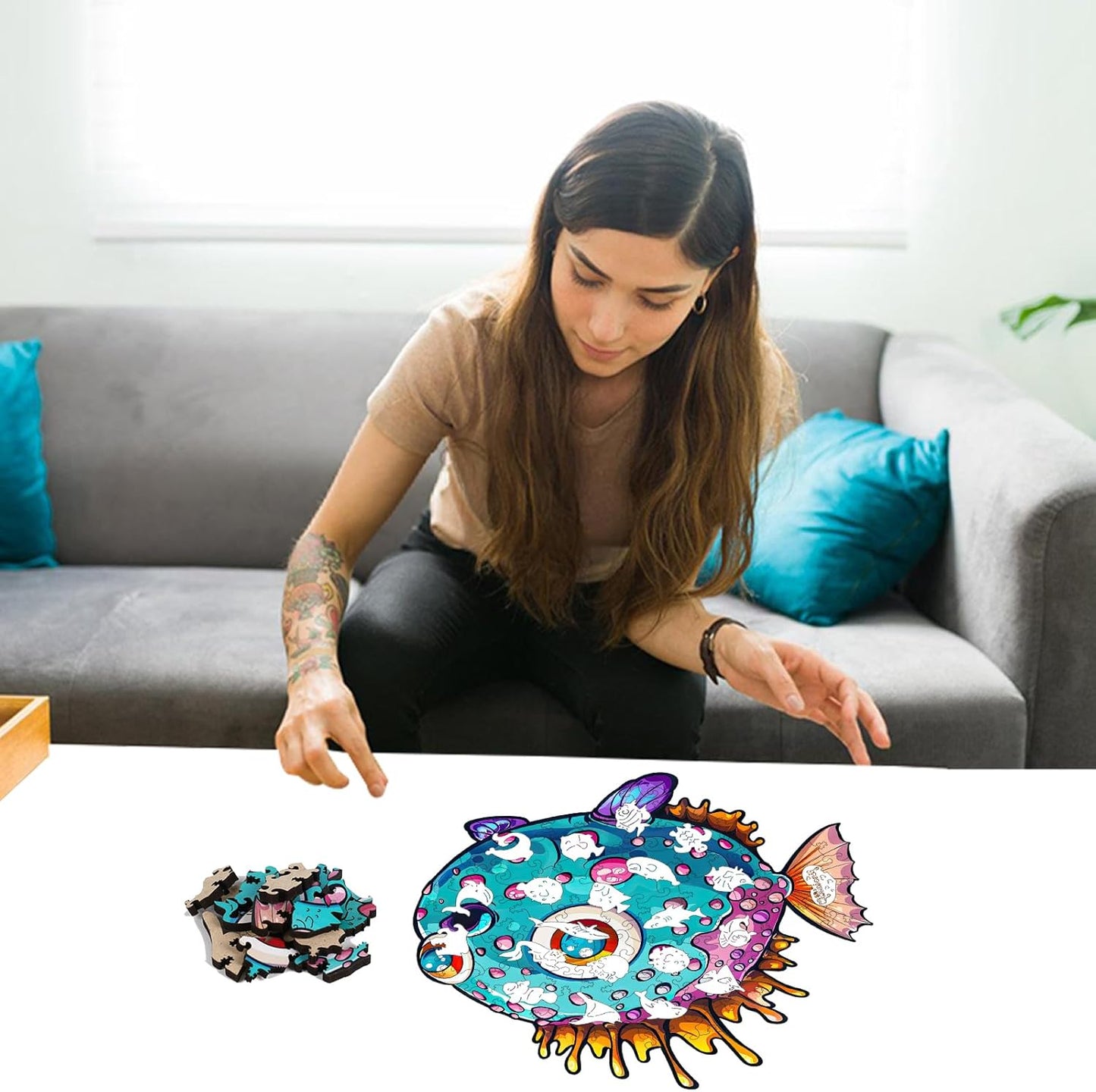 Wooden Puzzles for Kids,100 Pieces Ocean Puzzle,Unique Fish Shaped Wooden Puzzle, Preschool Puzzle Toys, Give Your Kids/Grandchildren, Suitable for Family Games
