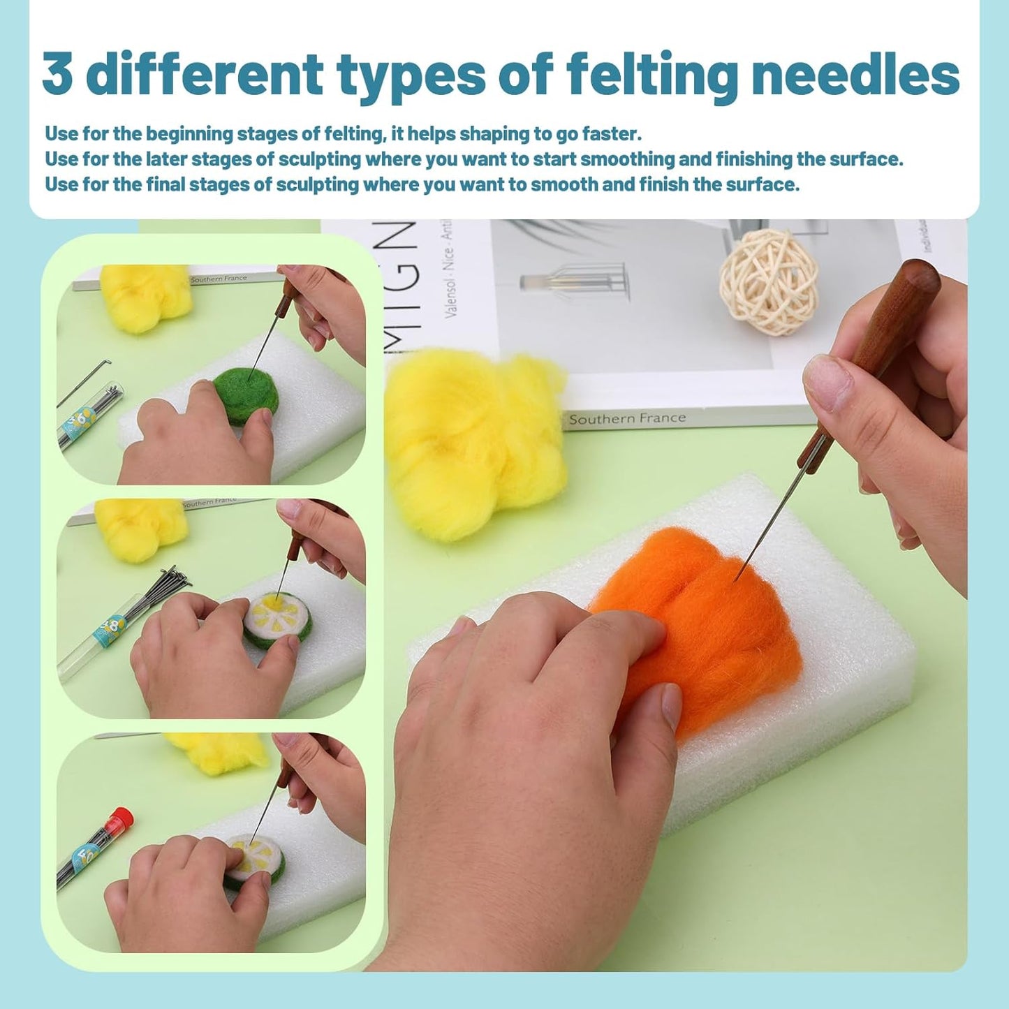 Yizzvb Felting Needles, Needle Felting Tools, Needle Felting Kit Wool Felting Supplies with 40 Pcs Needle Felting Needles, Wooden Handle and Storage Box for Felting Wool Projects