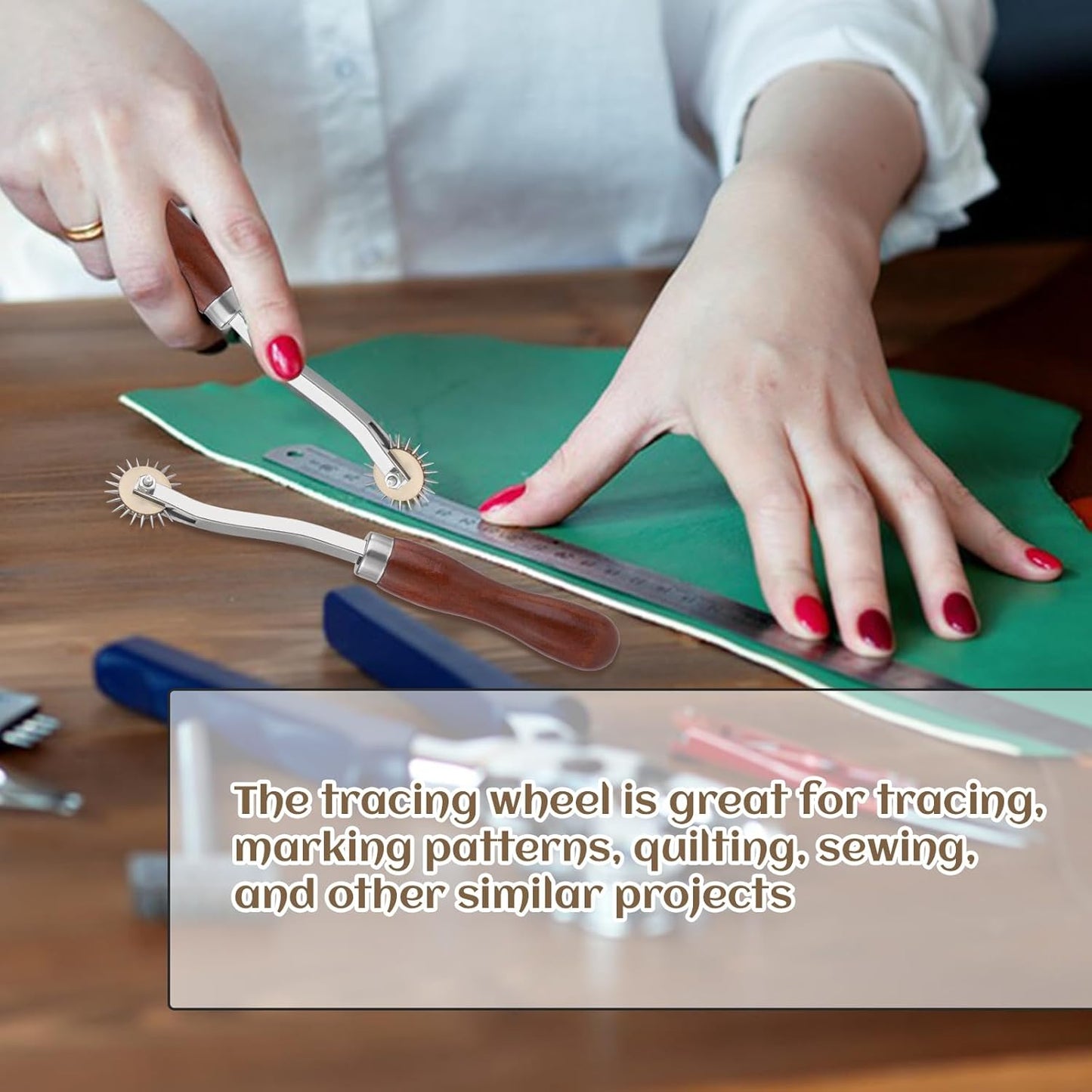 LUNARM 2 PCS Tracing Wheel Sewing Tool - Professional Stitch Marking Spacer, 4mm Leather Needle Point Tracing Wheel with Wooden Handle for Arts and Leather Crafts