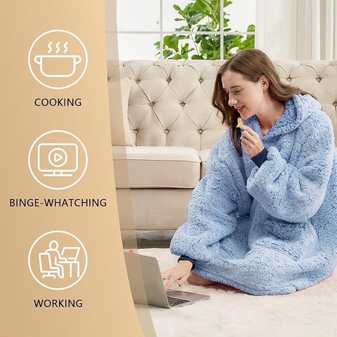 yescool Wearable Blanket Hoodie, Flannel Sherpa Fleece Blanket Sweatshirt for Adults Women Men,One Size Fits All