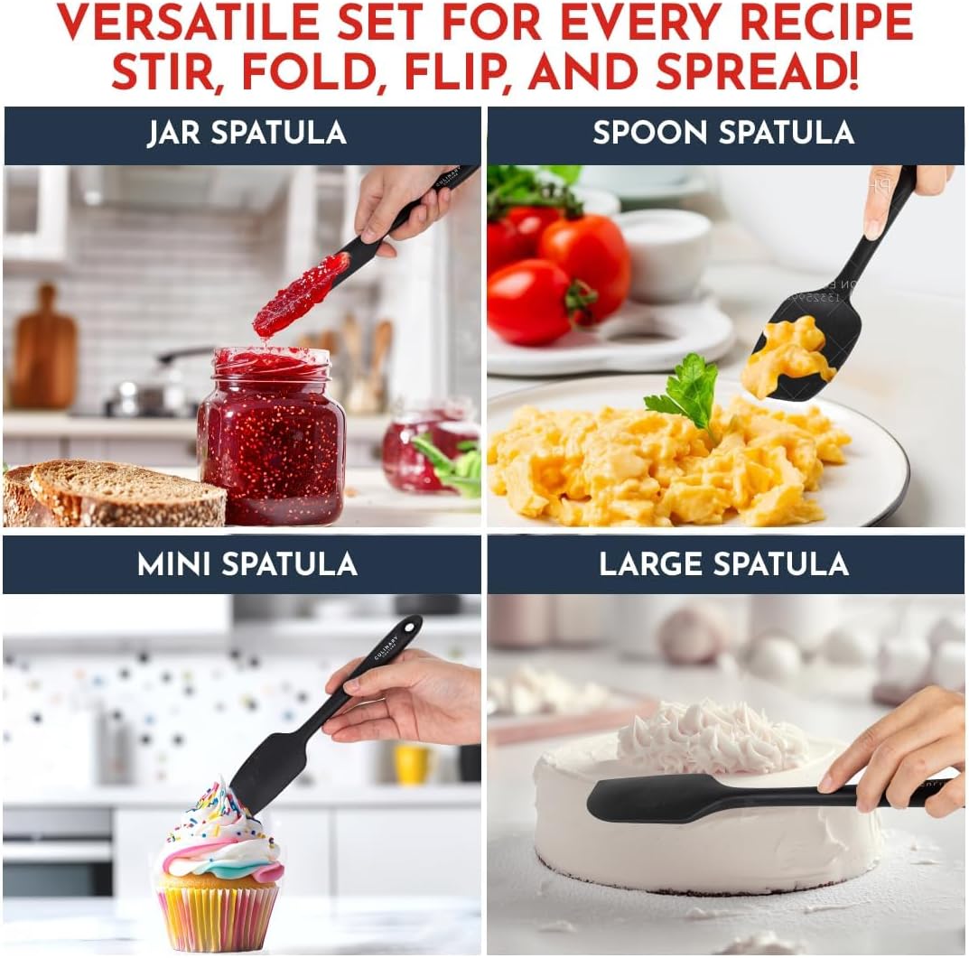 Culinary Couture 4-Piece Black Baking Spatula Set - Rubber Spatulas Silicone Heat Resistant, BPA-Free - Spatula Set for Nonstick Cookware - Silicone Baking Utensils