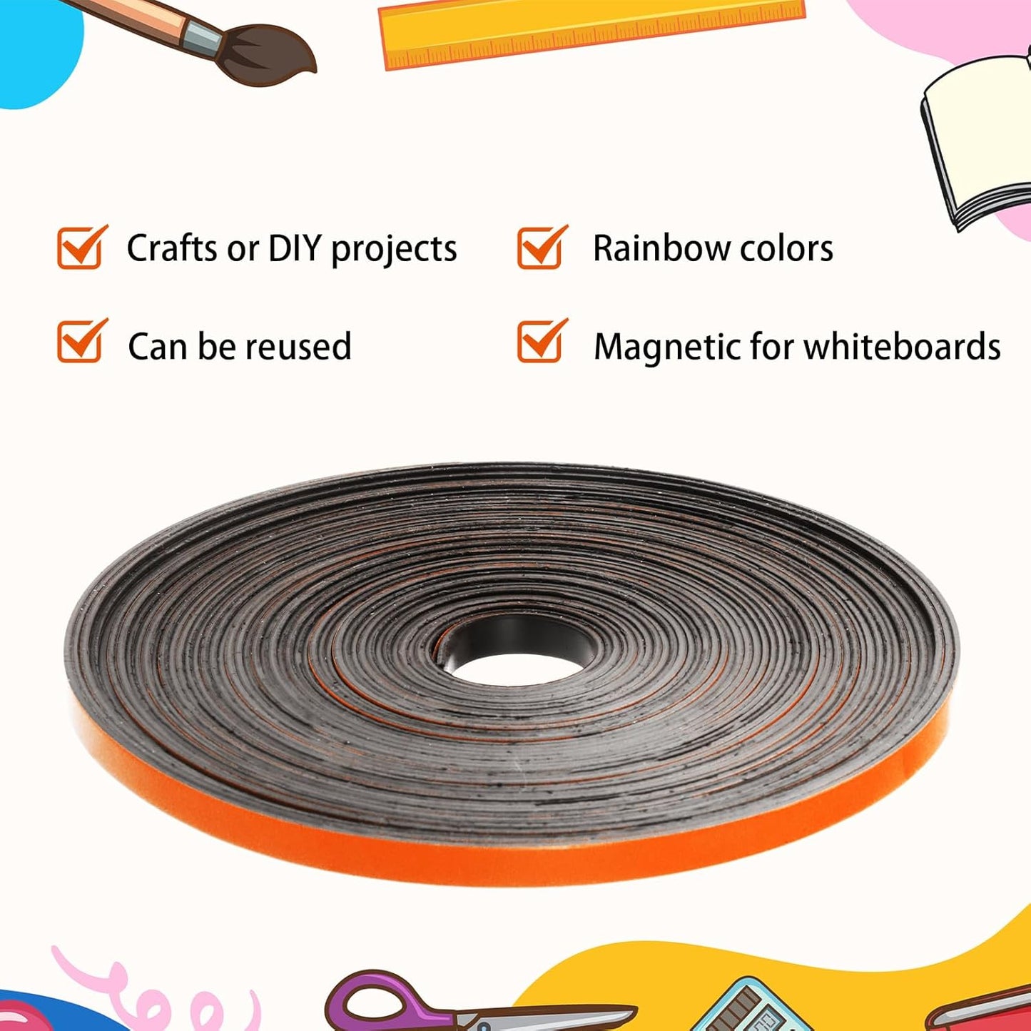 Magnetic Tape Roll Thin Strips, 0.39 Inch x 66 Feet Magnetic Board Dividers Whiteboard Graphic Decorative Tape Marking Line for Classroom Office Art Accessories(Orange)