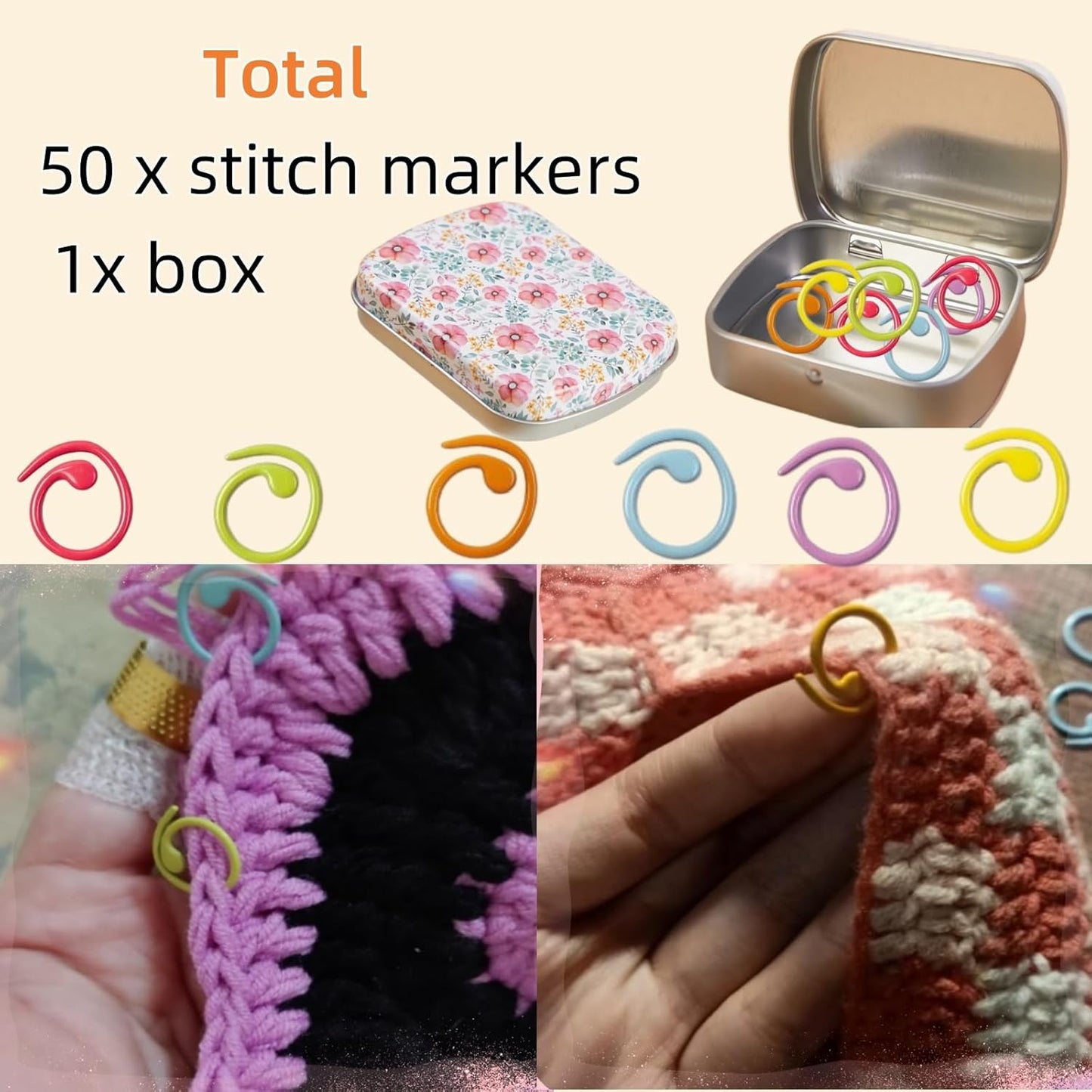 Hilsayum 50Pcs Heart Shape Stitch Markers for Crocheting,Crochet Stitch Markers with Floral Design Small Tin Box