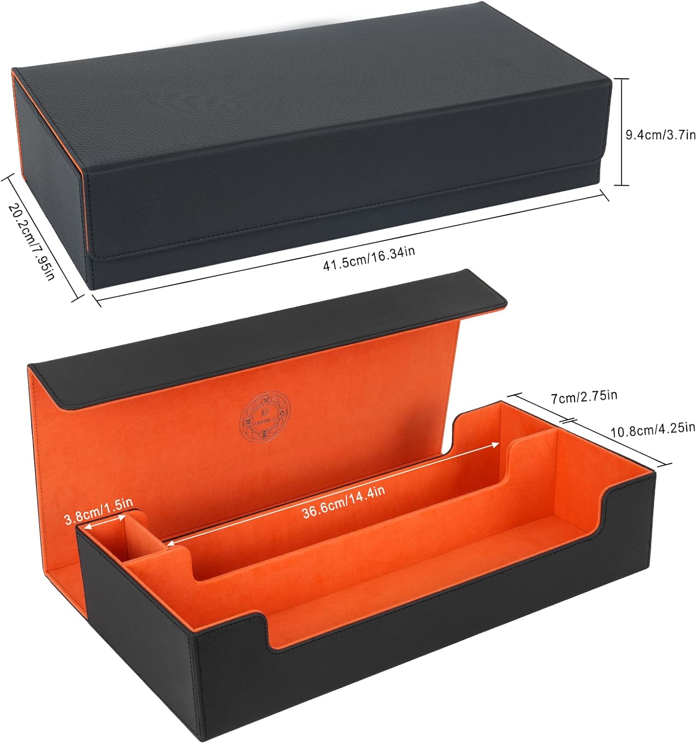 Card Deck Box,X-Large Premium Trading Card Storage Case with Mat and Dice Compartment,Magnetic Game Deck Display Case Compatible with MTG/TCG/Yugioh/Magic/Commander(Black&Orange)