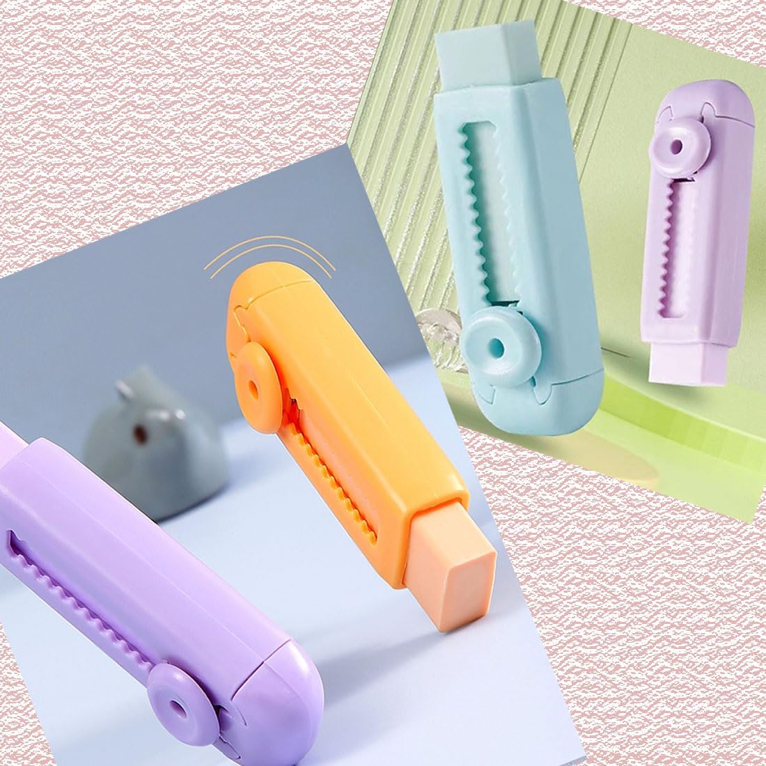 6Pcs Pastel Pencil Rubber Erasers Sliding Retractable Eraser Rectangular Push Pull Large Pencil Eraser with Plastic Sleeve Refill Writing Art Eraser for School Office Drawing