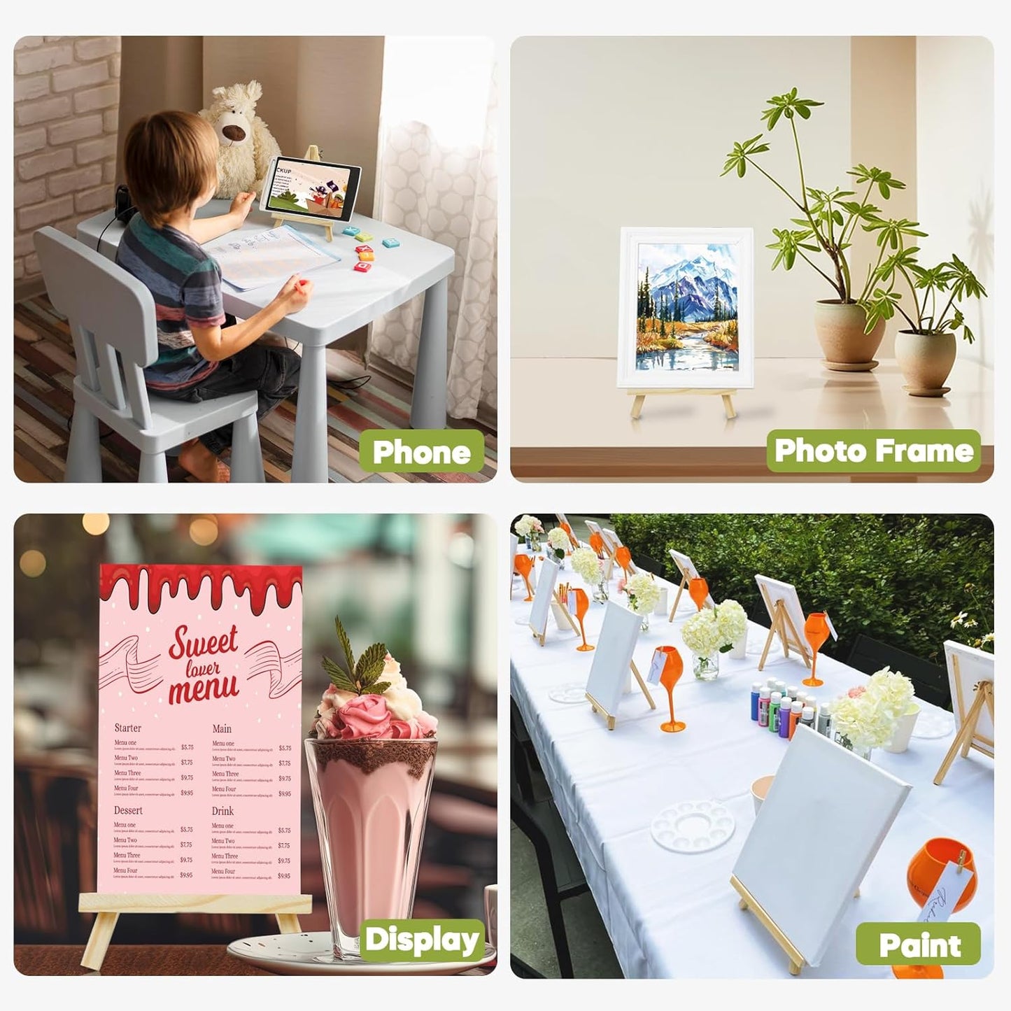 CONDA 4 Pack 9 Inch Wood Easels, Easel Stand for Painting Canvases, Art, and Crafts,Tripod,Painting Party Easel,Kids Student Tabletop Easels for Painting,Portable A-Frame Tripod Tabletop Easel Set