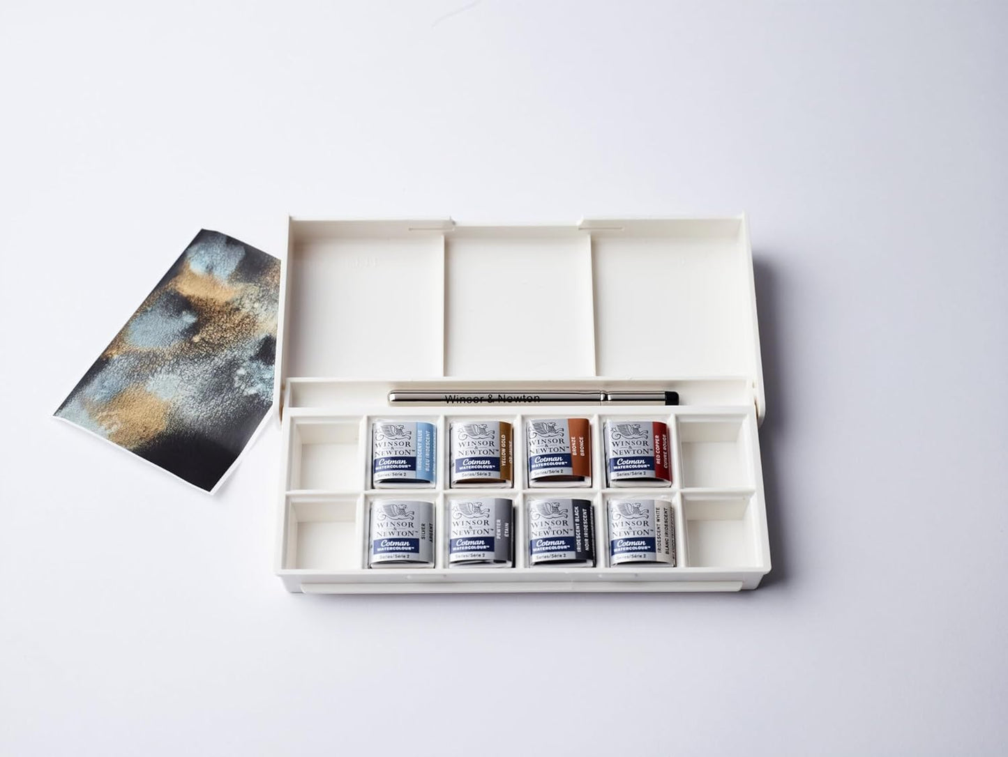 Winsor & Newton Cotman Watercolor Paint Set, 8 Half Pan, Metallic Colors w/ Brush