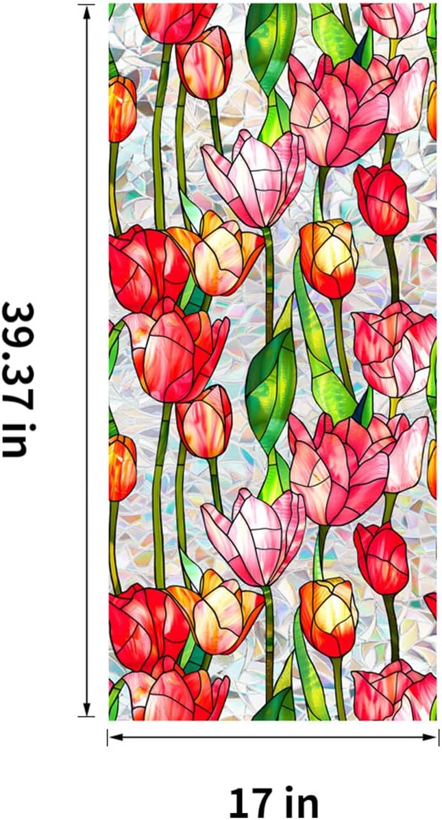 Stained Glass Window Film UV Resistant Window Privacy Film Red Floral Privacy Rainbow Decals Living Room Bedroom Sun Blocking Decor Removable Static Cling Stickers 17 x 39.37 Inch
