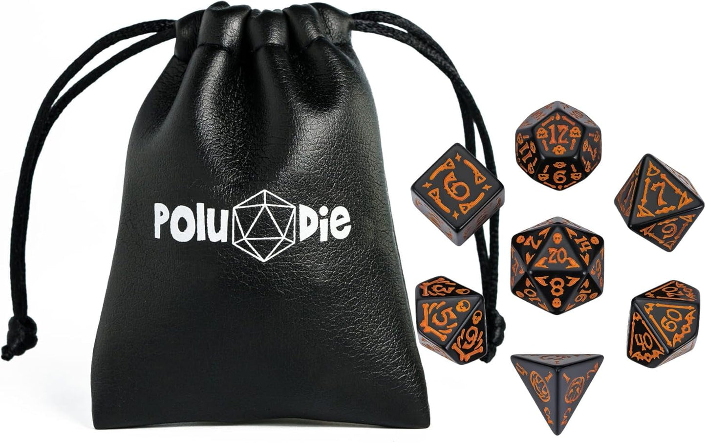 7-Die DND Dice Set Halloween Pattern Polyhedral Dice Set with Leather Bag, Skull Dice D&D Dice Set for RPG Table Games (Halloween Pattern-Black)