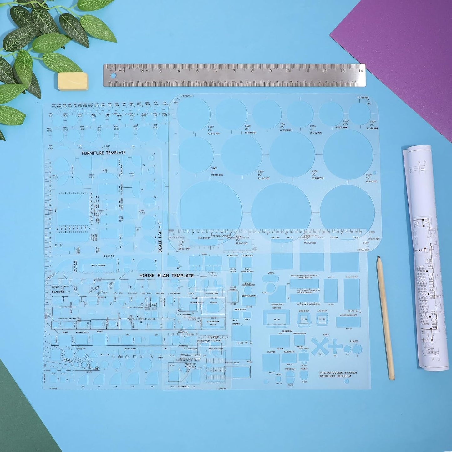 5 Pcs Interior Design Drawing Templates, Reusable Architectural Templates, House Plan, Interior Design, Furniture Template Circle Architectural Scale Ruler Stencils for Drawing & Drawings Tools