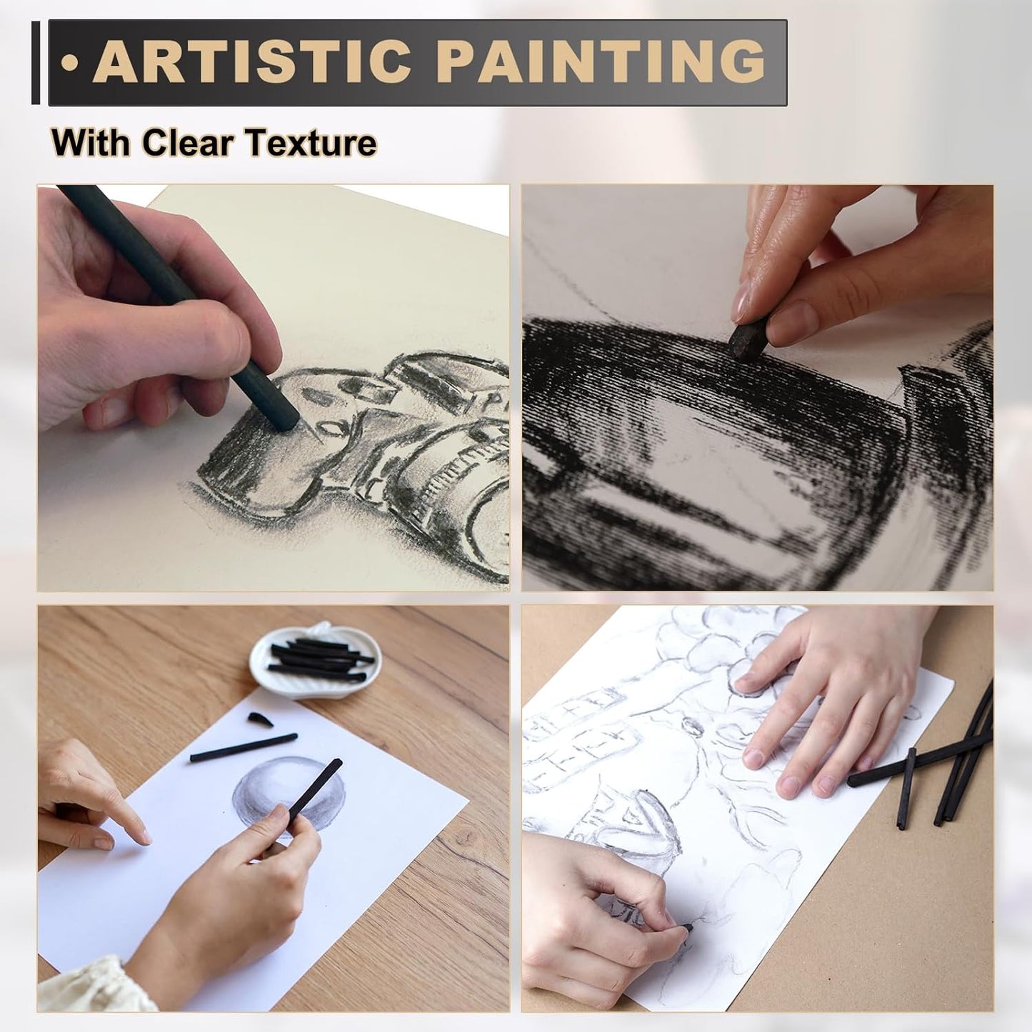 MECCANIXITY Willow Charcoal Sticks, 10-13mm Willow Charcoal Pencils Soft Sketch Vine Art Supplies Set for Drawing Sketching Shading Painting Artists Beginners (Black, Pack of 4)