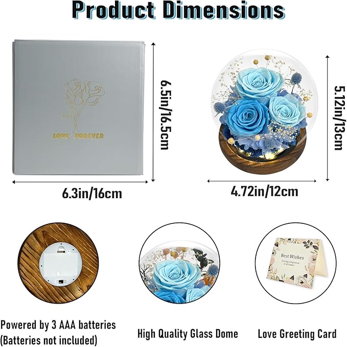 FIACO Valentines Gifts for Her Preserved Flowers in Glass Dome Long-Lasting Eternal Roses Birthday Gifts for Women Mom Grandma Wife Girlfriend Blue Forever Flowers for Delivery Prime
