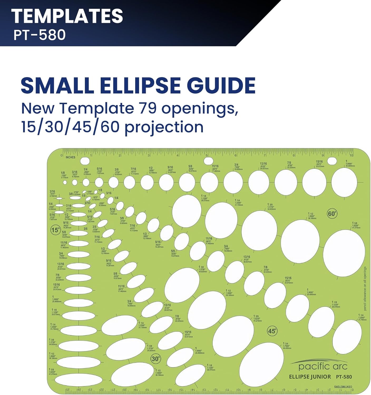 Pacific Arc - Small Ellipse Guide Template - 79 Total - 15, 30, 45, and 60 Degree Projection - Drawing Aid Stencil for Professional or School Work - 8.5x11 inches