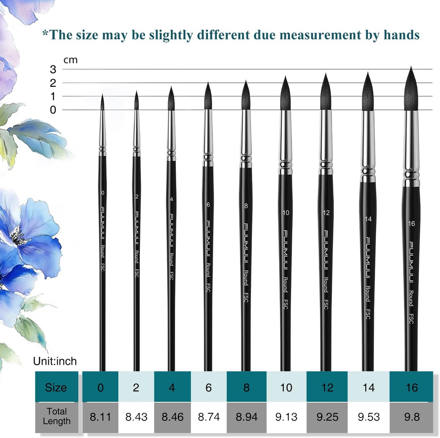 Watercolor Brushes Professional, Fuumuui 9Pcs Synthetic Squirrel Paint Brush Set for Adults Round Pointed Detail to Mop for Watercolor Gouache Acrylic Ink Painting