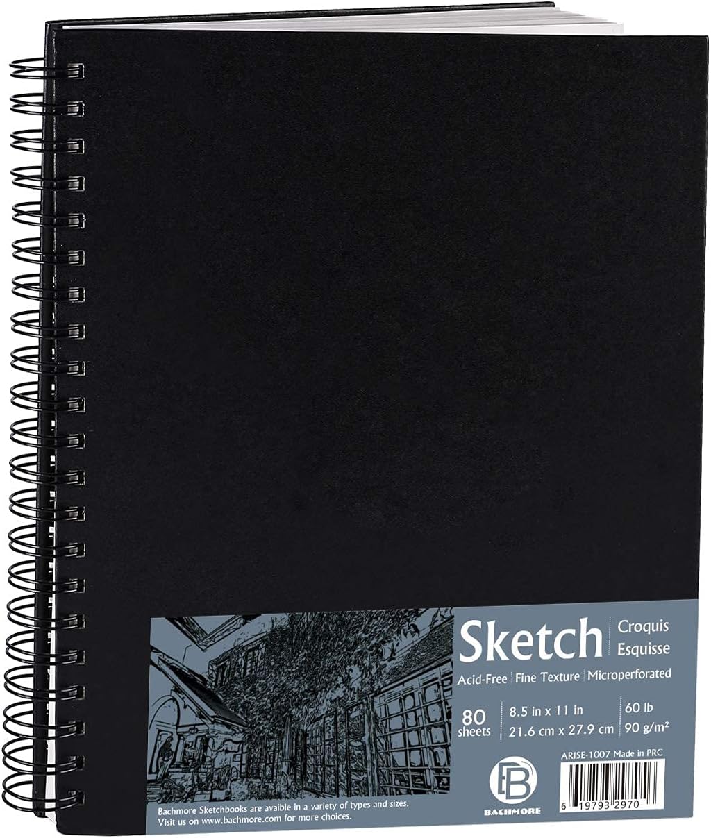 Bachmore 8.5"x11" Hardbound Sketchbook, Left Spiral Sketch Pad with Hardcover, Perforated and Durable Acid Free Drawing Paper, Ideal Art for Kids & Adults, Artist Pro & Amateurs