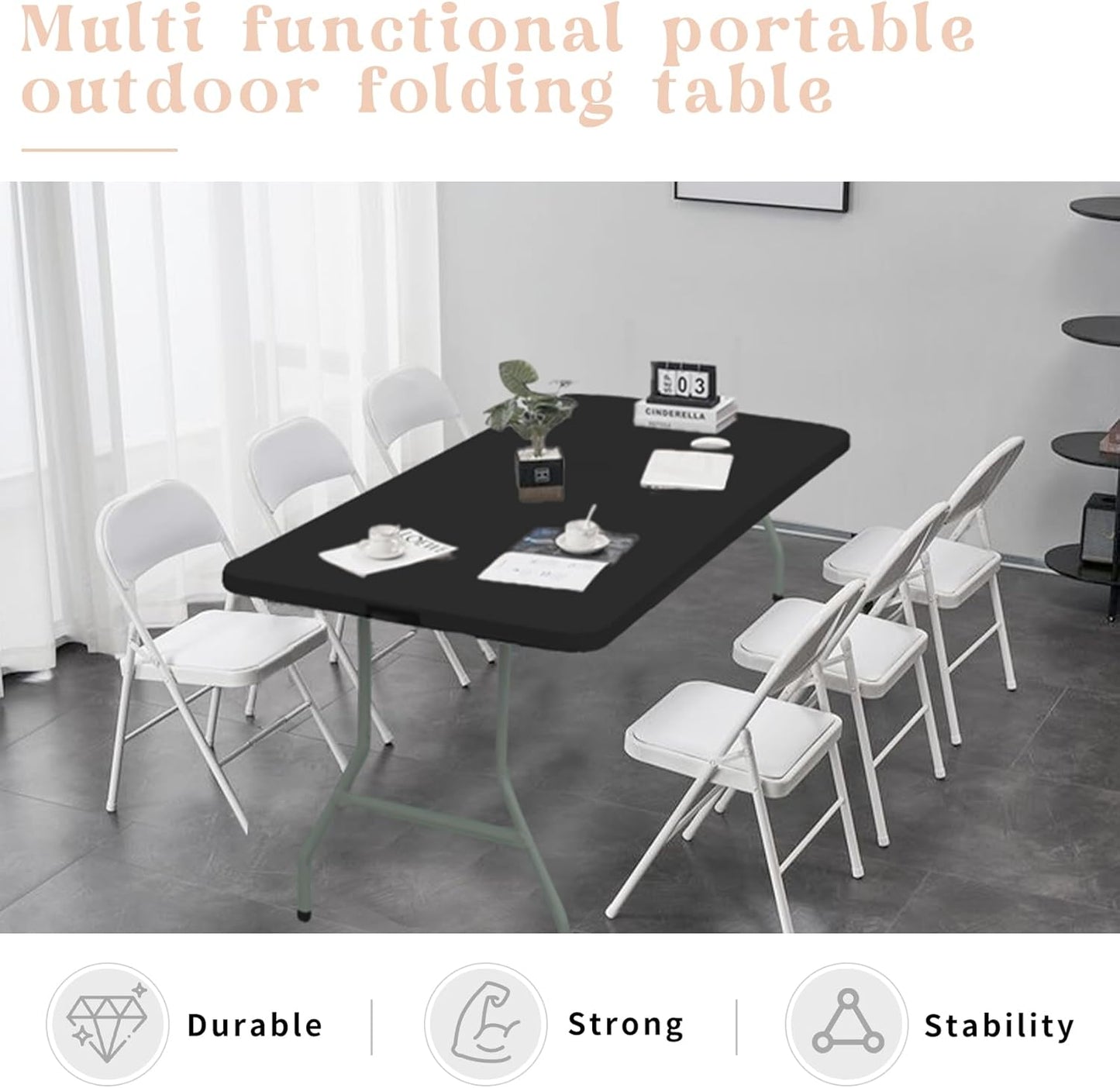 Folding Table 6 FT Camping Table Portable Plastic Rectangular Outdoor Dining Table Steel Legs Fold-in-Half with Carrying Handle for Indoor,Picnic,Party,Wedding,Events(Black)