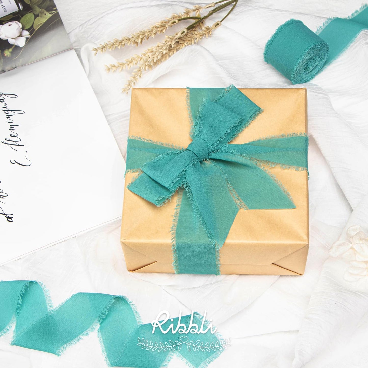 Ribbli Teal Chiffon Silk Ribbon - 1-1/2 inch x 20 Yard Handmade Fringe, Perfect for Weddings, Home Decor