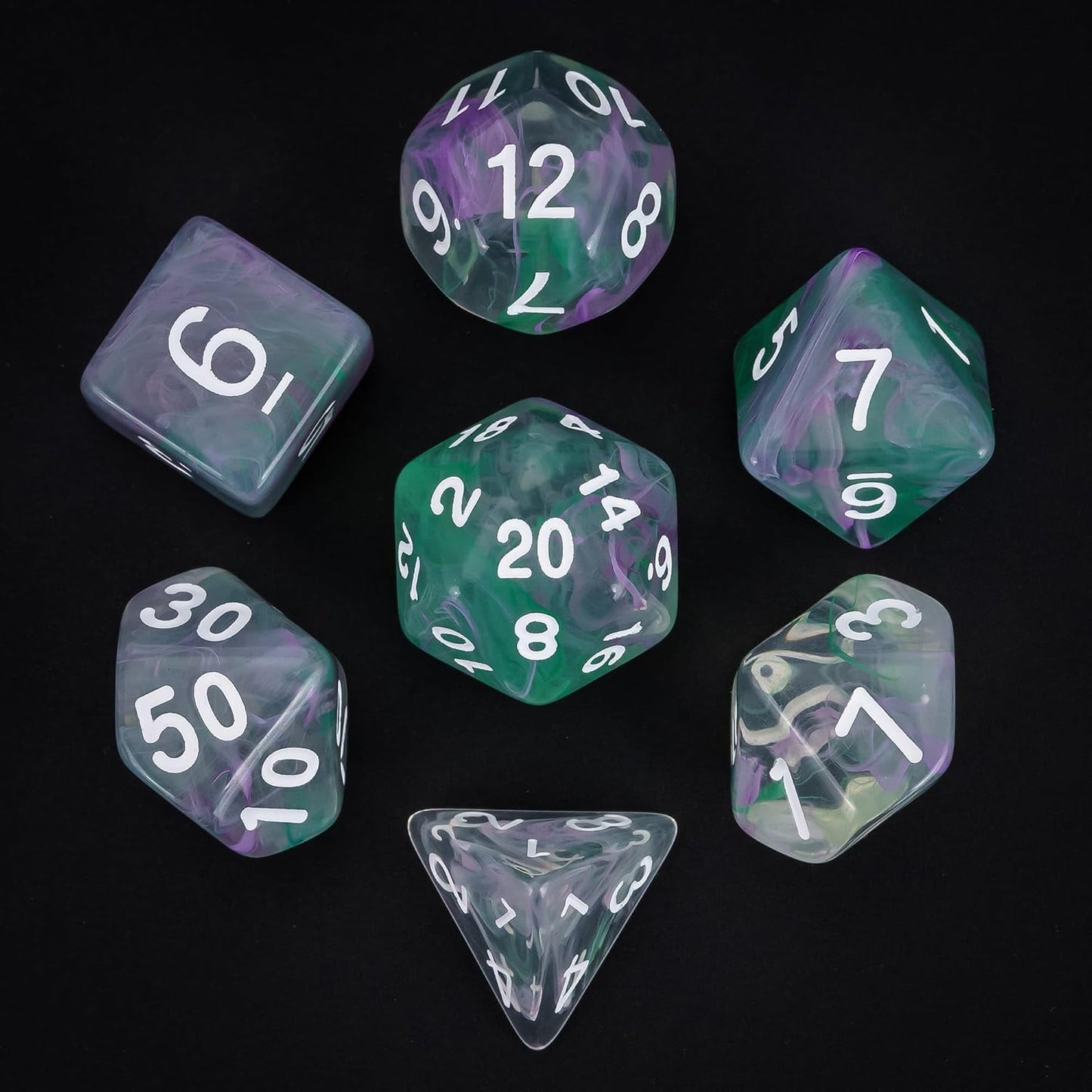 7-Die DND Dice Set Polyhedral Dice Set with a Leather Dice Bag, D&D Dice Set for RPG Table Games (Transparent Green Mix Purple)