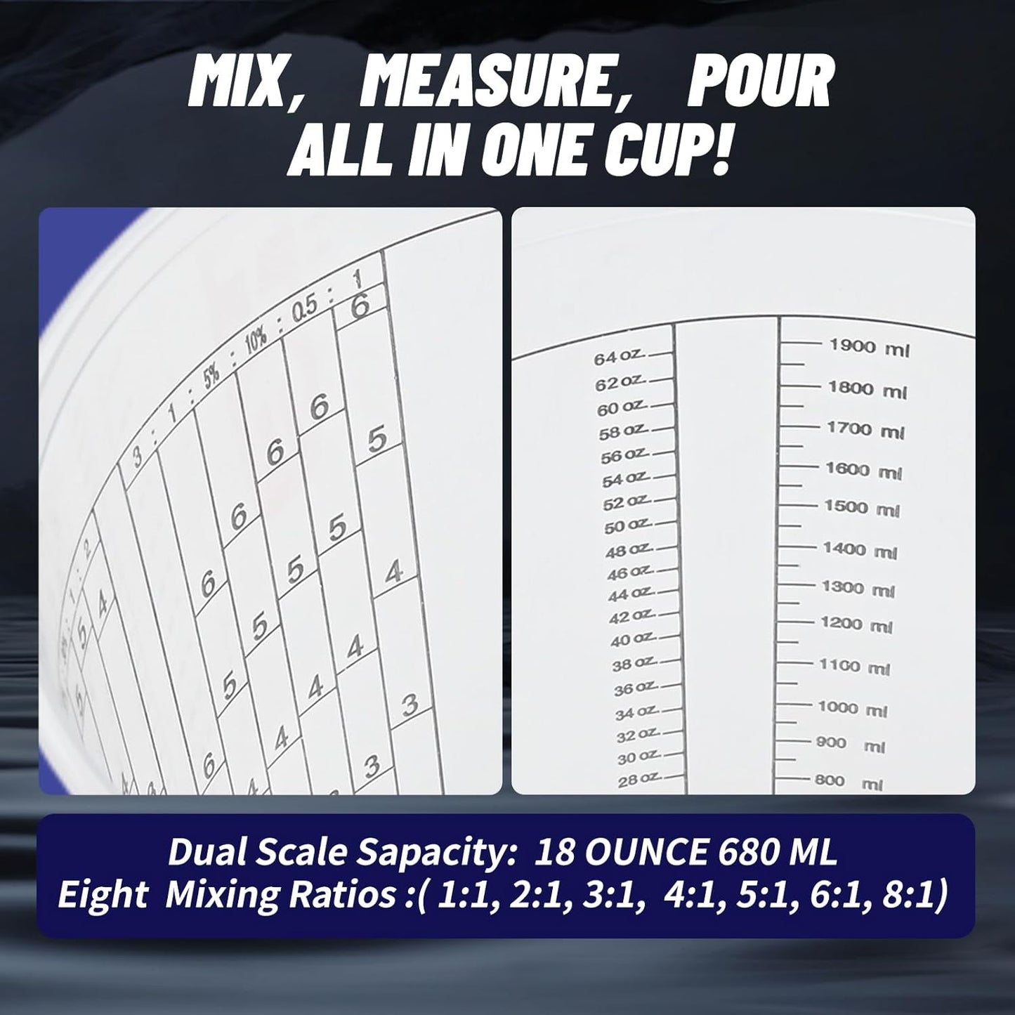 15 PACK Paint Mixing Cups by KEHE REFINISH,64 oz (1900ml),Disposable or Reusable Plastic Measuring Cups with Lids for Liquids, Paints, Resin, Epoxy, Art,Ratios 1:1,2:1, 3:1, 4:1,5:1,6:1,7:1,8:1