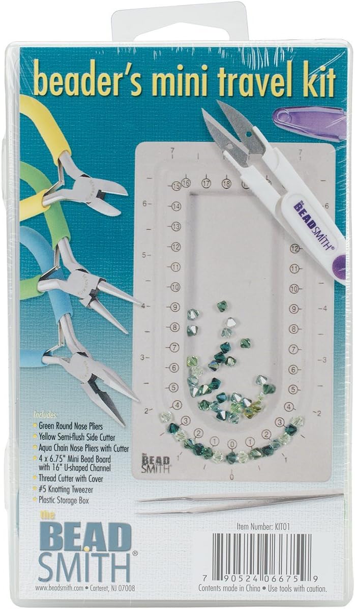 The Beadsmith Beader’s Mini Travel Kit - Color-ID Set – Includes Bead Board, Side Cutter, Round Nose, Chain Nose, Thread Snippers, Tweezers and Storage Box – Tools for Jewelry Making