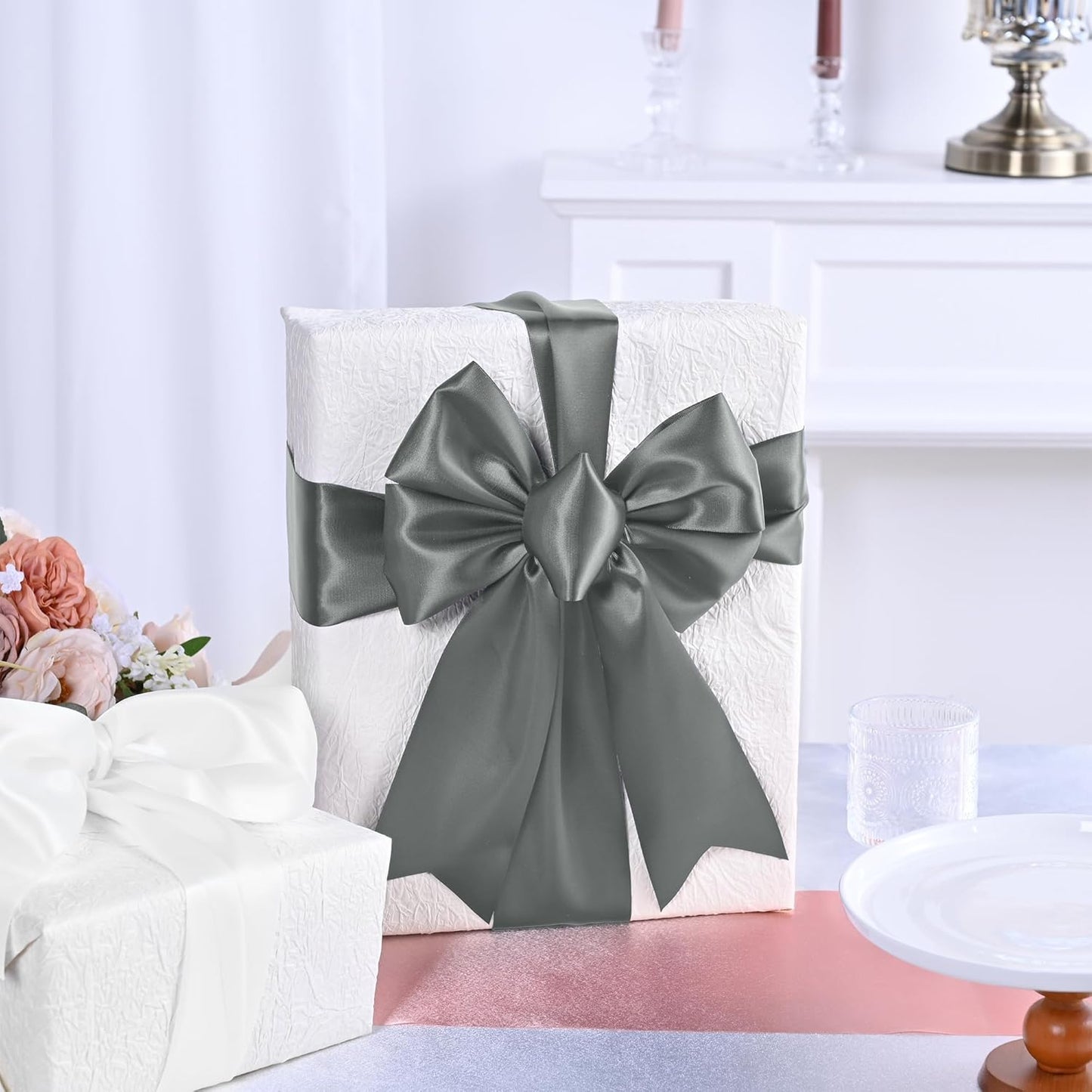 Silver Satin Ribbon 3 Inch X 15 Yards Solid Color Double Faced Ribbons Perfect for Crafts Wedding Decor Bow Making Arts Sewing and More