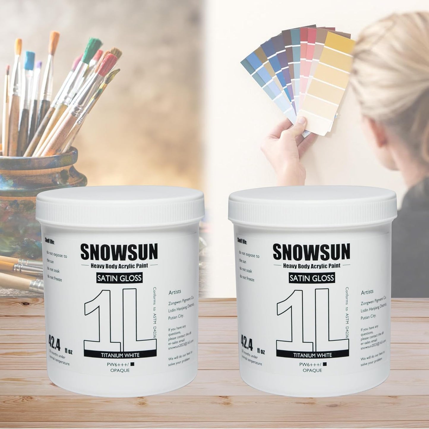SNOWSUN Titanium White Acrylic Paint, 2 Pack 1 L /42.4 oz Large Bulk Acrylic Paints, Gloss Non-Toxic Heavy Body Paints - Thick Art Paints for Multi-Surface Canvas Wood Ceramic Fabric Wall- Ideal for Artists & Beginners