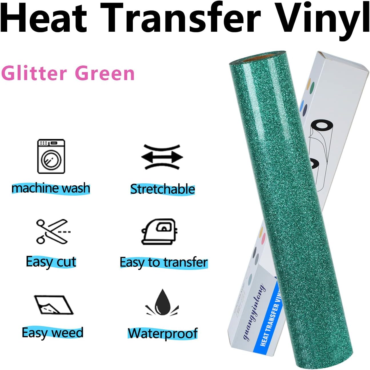 guangyintong HTV Glitter Green Roll, 12''x8ft Iron on Vinyl for T-Shirts, Easy to Cut & Weed for Heat Vinyl Design