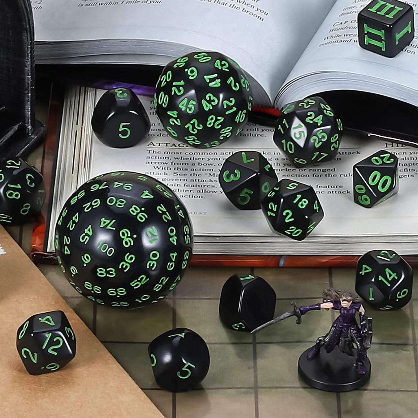 CiaraQ DND Polyhedral Dice Set (15pcs) D4-D100 Game Dice with Dice Bag for Dungeons and Dragons Role Playing Table Games (Black & Green)