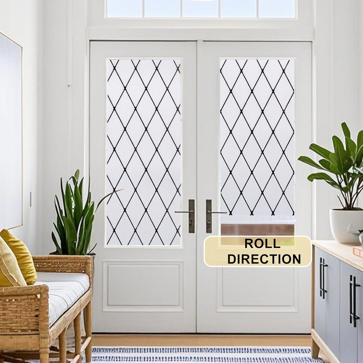 Window Privacy Film Decorative for Front Door, Bathroom Static Cling Stained Glass Sticker Opaque Heat Control UV Blocking Non-Adhesive for Home,Black Grid 35.4 x 78.7 inches