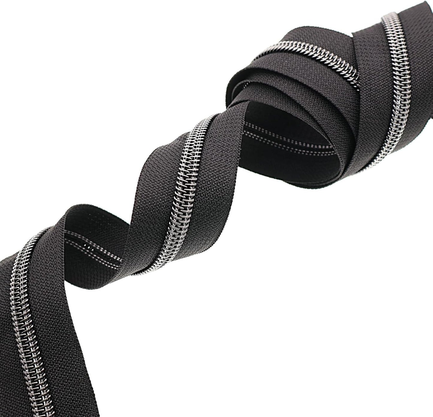Leekayer #5 Black Nickel Metallic Nylon Coil Teeth Zippers by The Yard Bulk 10 Yards Black Zipper Tape with 25pcs Black Nickel Ring Pull Sliders for DIY Sewing Tailor Craft Bag(Black)