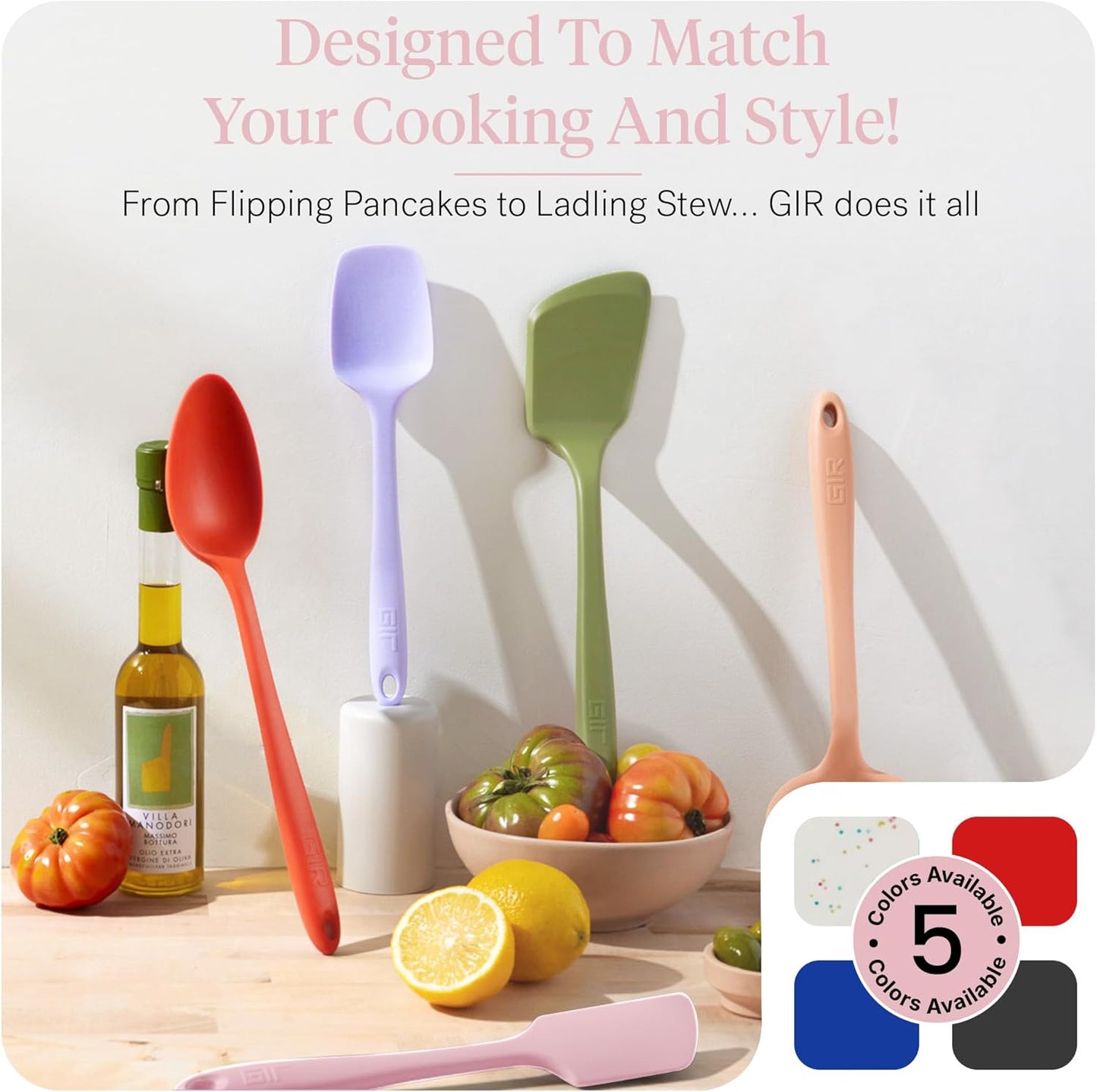 GIR: Get It Right - 5 Piece Essentials All Purpose Set - Ladle, Spatula, Flip, Spoon & Spoonula, Non-stick, Heat Resistant, Dishwasher Safe, Kitchen Utensils, Baking Supplies - Rose