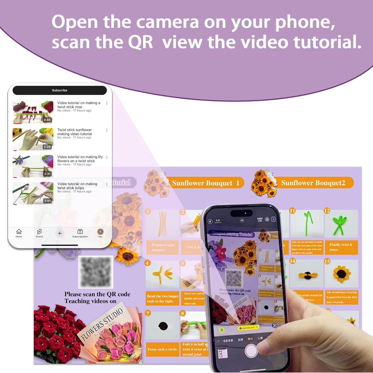 LOLEDE 400Pcs Pipe Cleaners Craft Kit, 3 Colors Chenille Stems for DIY Artificial Flower Making with Floral Wires, Gardening Tape, LED String Lights, Pearl Beads & Ribbon (Purple)