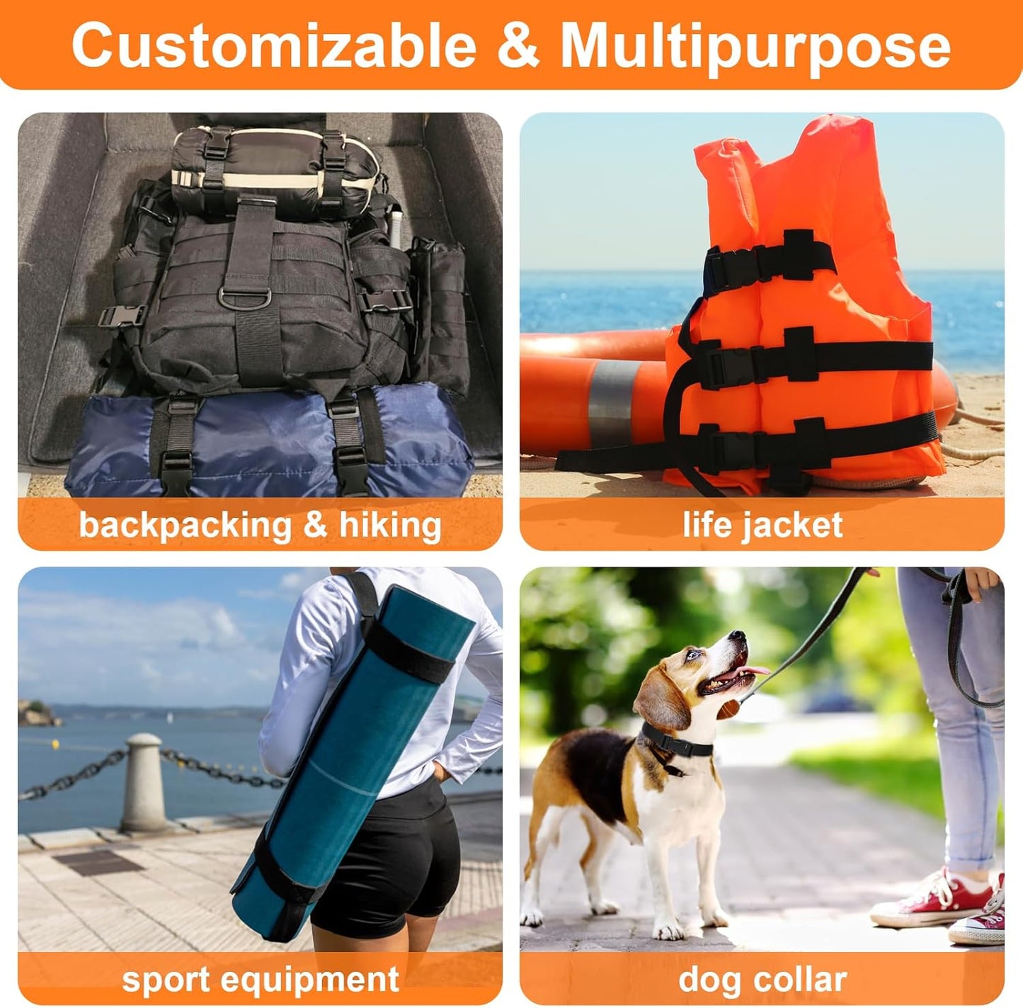 Buckles and Straps Set 1": 6 Yards of Thick Nylon Webbing, 6-Pack Heavy Duty Adjustable Quick Side Release Plastic Buckles, 12 Tri-Glide Slide Clips, Black (1-Inch Combo Set)