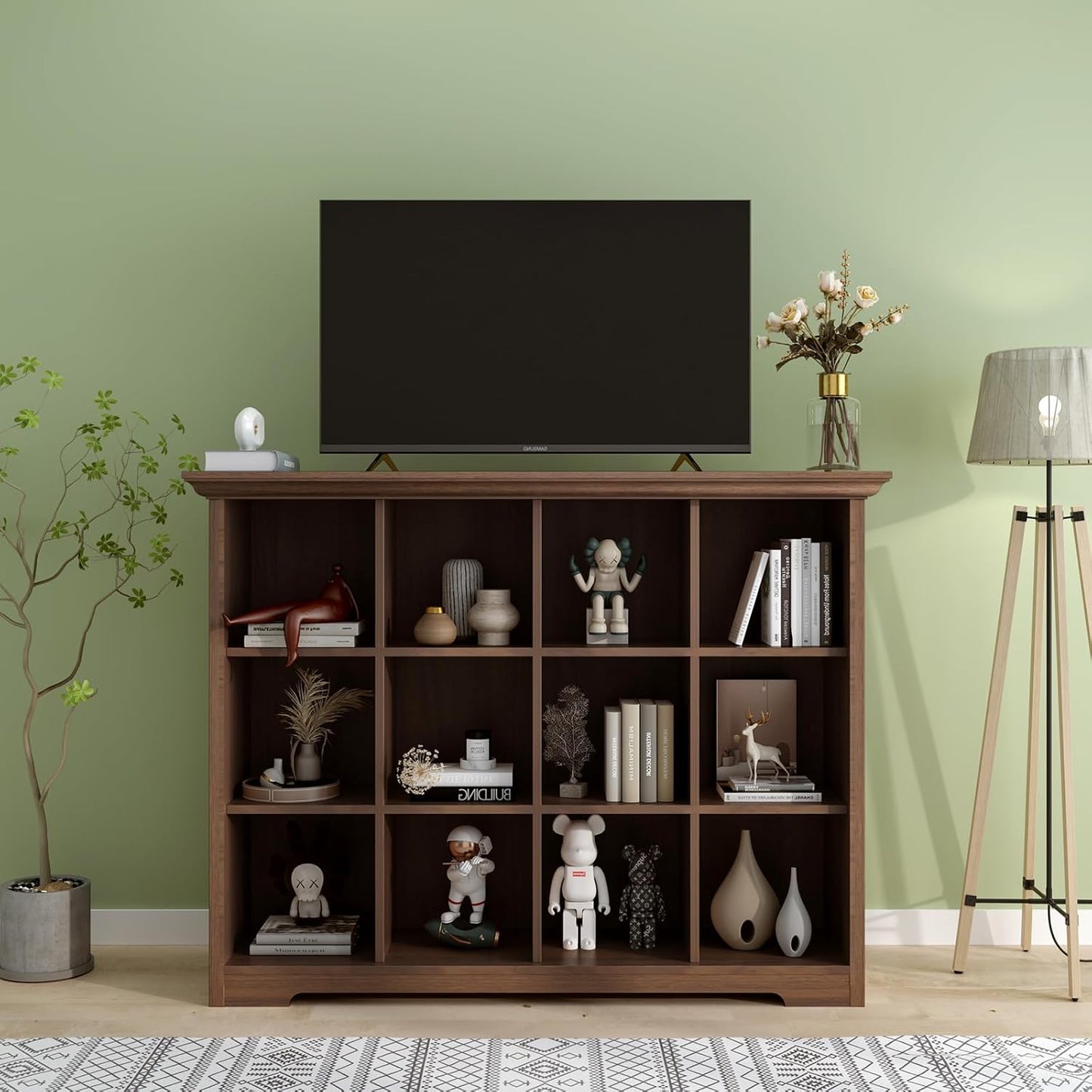 Cube Shelf Bookcase with Base - Wooden 3 Tiers Floor Standing Low Storage Cabinet for Home and Office, 12-Cube Lattice Bookshelf, Walnut