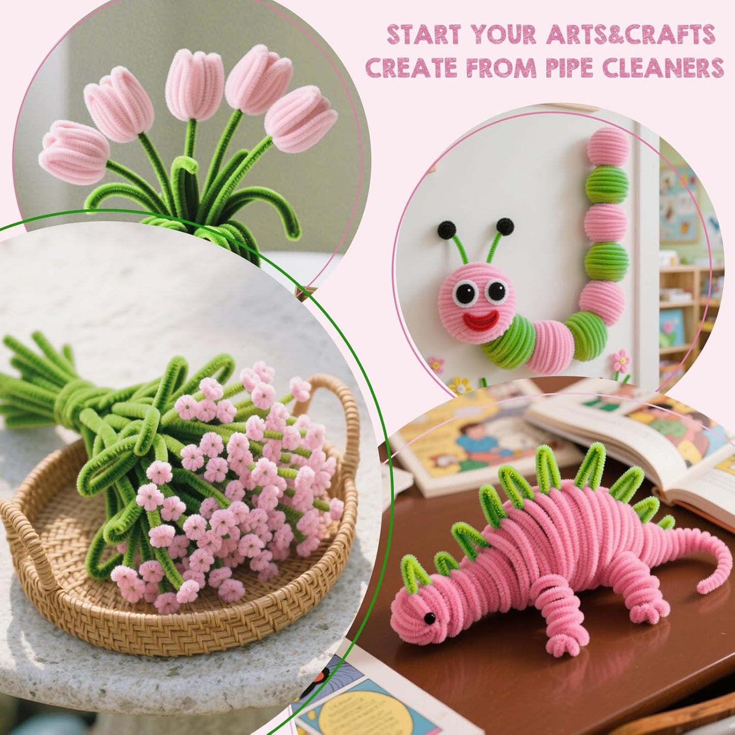 Rarapop 400 Pcs Pipe Cleaners Bulk Chenille Stems for DIY, 4 Assorted Colors Flower Making Kit with Floral Wires, Gardening Tape,Stamen and Ribbon for Art and Craft Projects