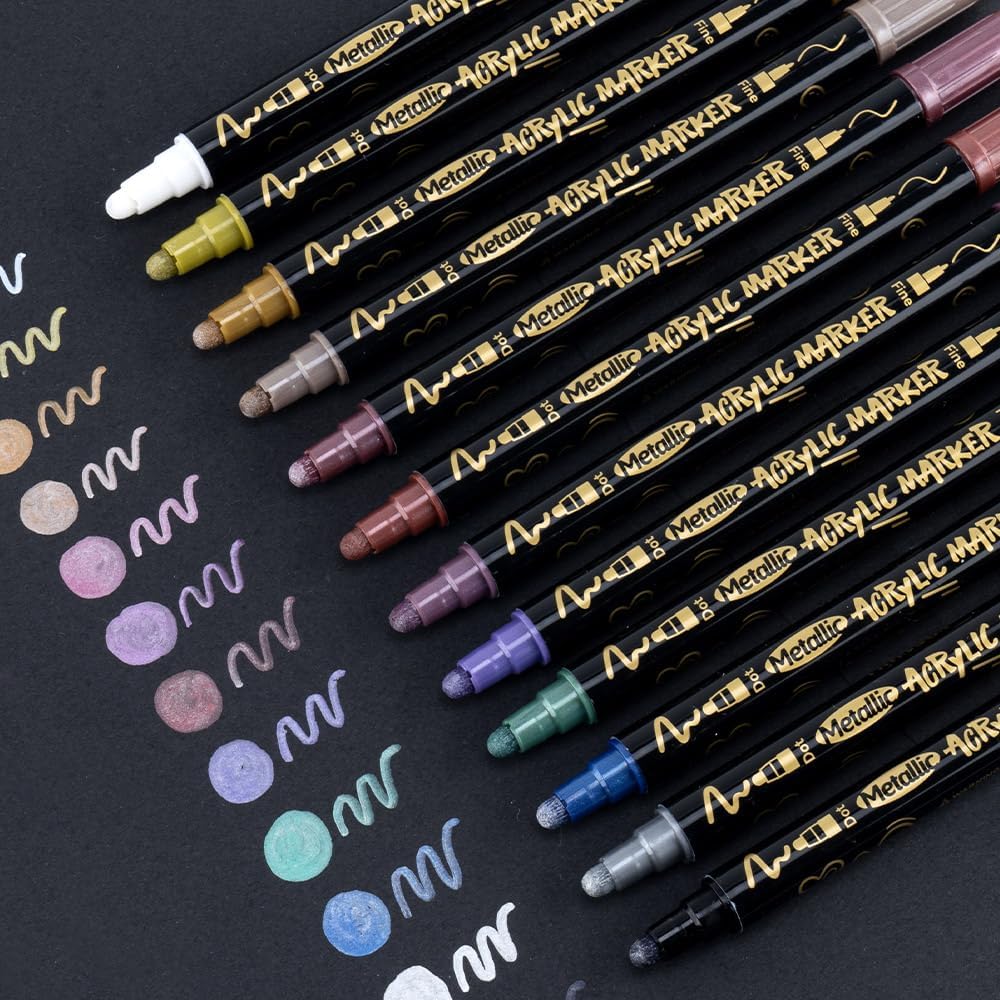 TRANSON 12Colors Metallic Paint Markers Bold and Fine Dual-tip for Rock Wood Ceramic Canvas DIY Painting Drawing
