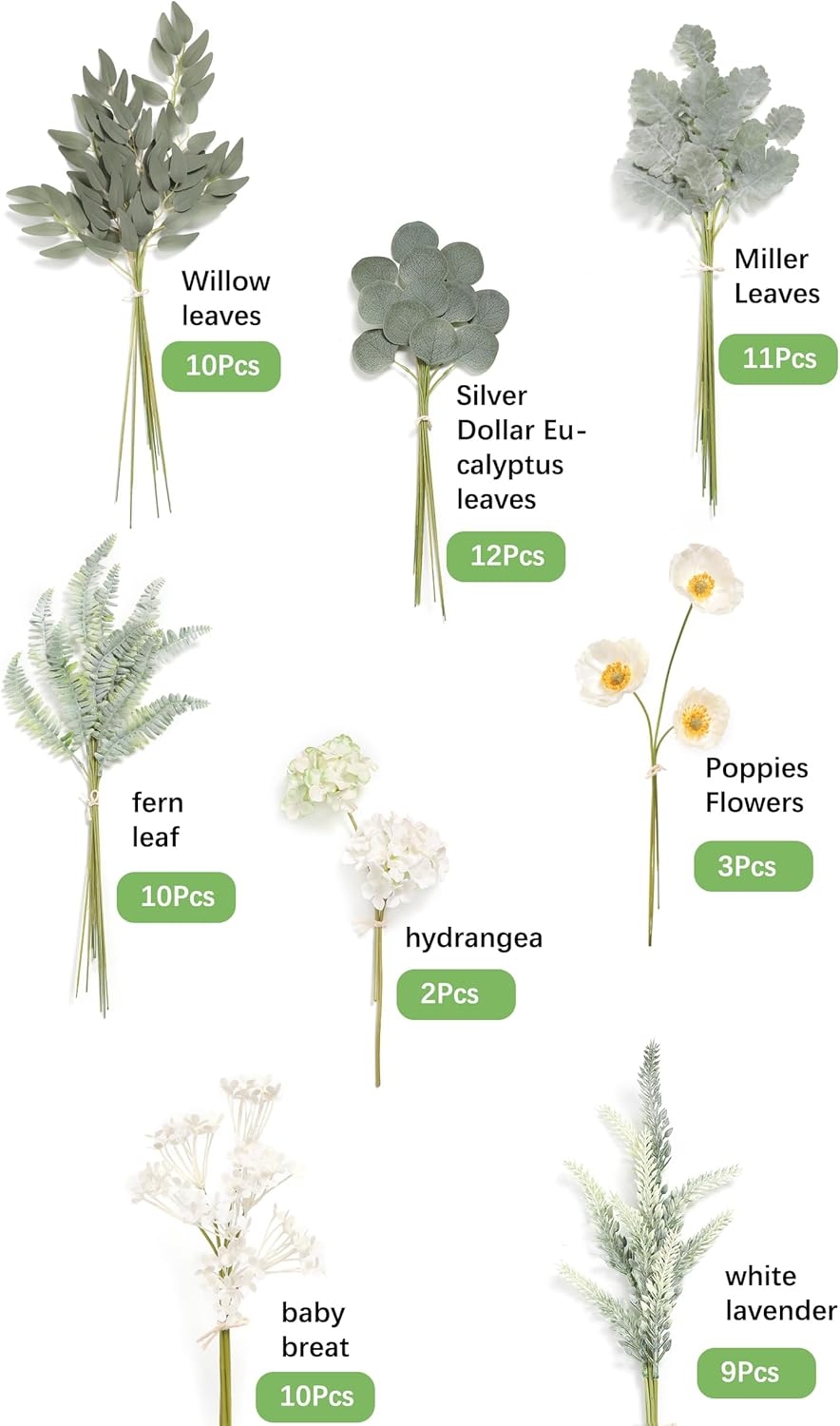 Serra Flora Artificial Greenery Spray Box Set(Pack of 64pcs) with 8 Kinds of Wedding Bouquet Filler Table Centerpieces and Floral Arrangement
