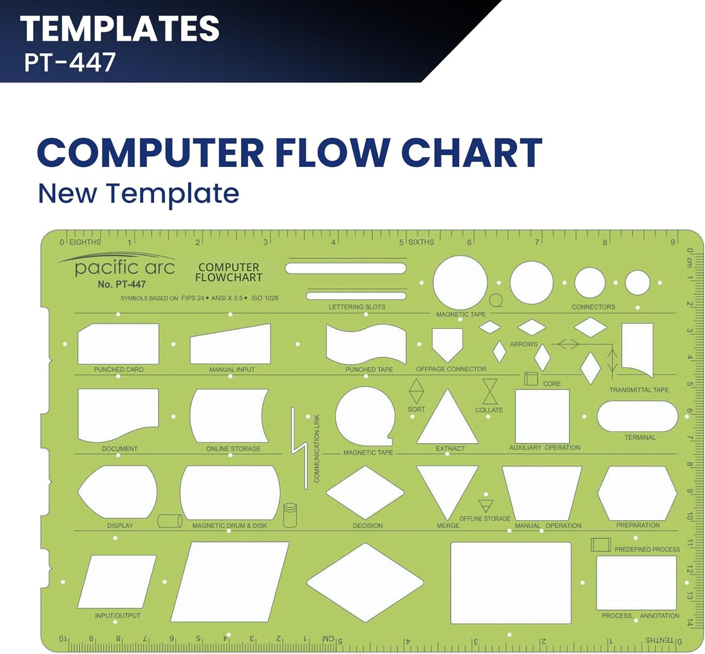 Pacific Arc - Computer Flow Chart Template - Drawing Aid Stencil for Professional or School Work - Size 6.188 x 9.75 inches.