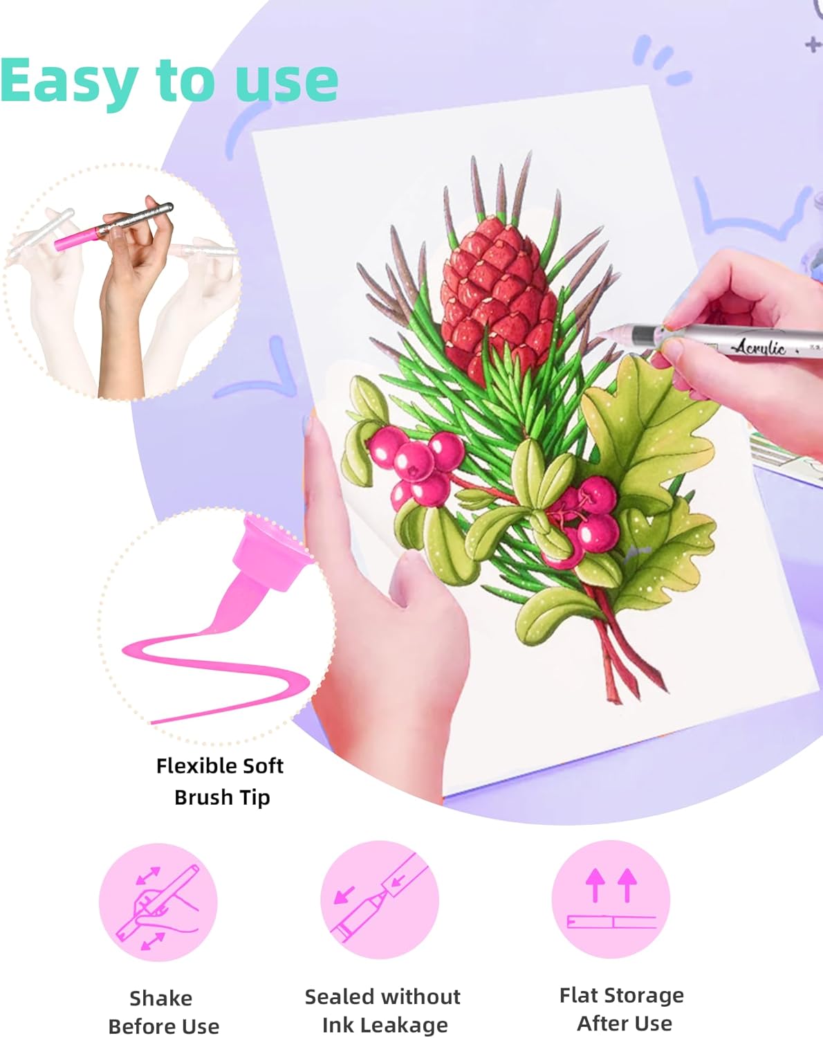 Woomer Premium Acrylic Paint Markers, Auto Liquid Ink, Non-Toxic 36 Colors Acrylic Pens with Soft Brush Tip, Wood Fabric Rock Painting Marker with Case for Teen Artist DIY Crafts