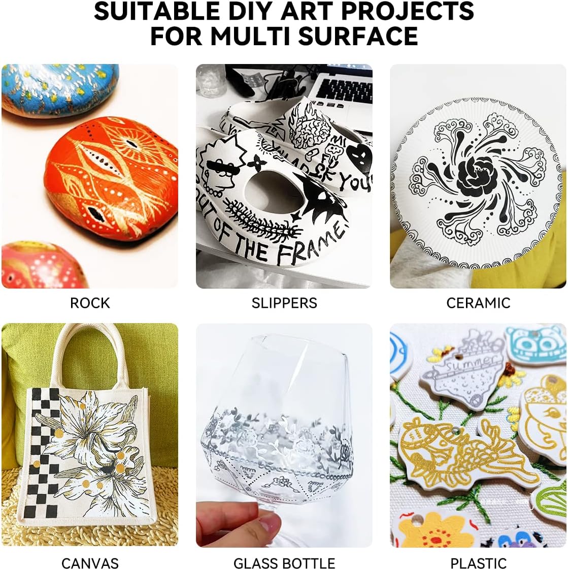 Arrtx Acrylic Paint Pens, 10 Pack Extra Brush Tip White Paint Markers Metallic for Rock Fabric Wood Glass Canvas Ceramic, 4 White 4 Black 1 Gold & 1 Silver, Water Based Ink, DIY Crafts