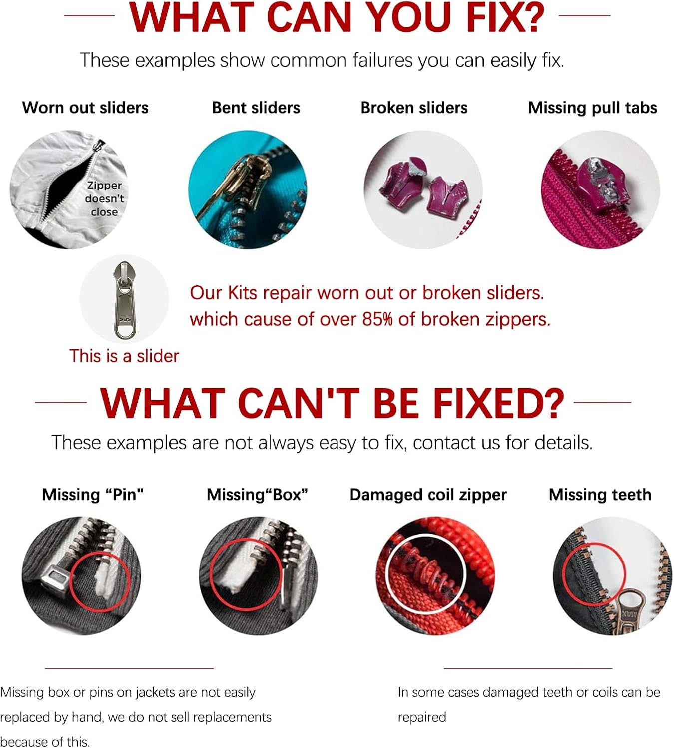 Zipper Repair Kit (188 Pcs) - Universal Fixer for Luggage, Backpacks, Jackets, Coats & Boots Includes #3#5#8#10 Sliders, Zipper Pull Replacement, Stops & Repair Tool(Non-YKK Compatible)