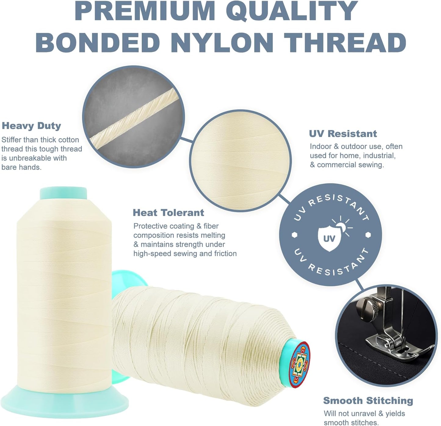 Mandala Crafts Size 138 420D T135 Bonded Nylon Thread Ivory Heavy Duty Sewing Threads - 1250 YDs Tex 135 Thread for Leather, Jeans, Weaving, Outdoor Marine Upholstery Threads